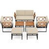 Top view of the 7-piece outdoor conversation set with beige cushions and acacia wood, perfect for patio gatherings.