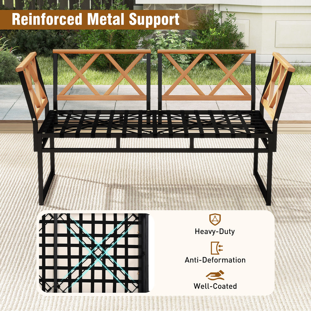 Heavy-duty outdoor conversation set featuring a reinforced metal frame and acacia wood accents for backyard relaxation.