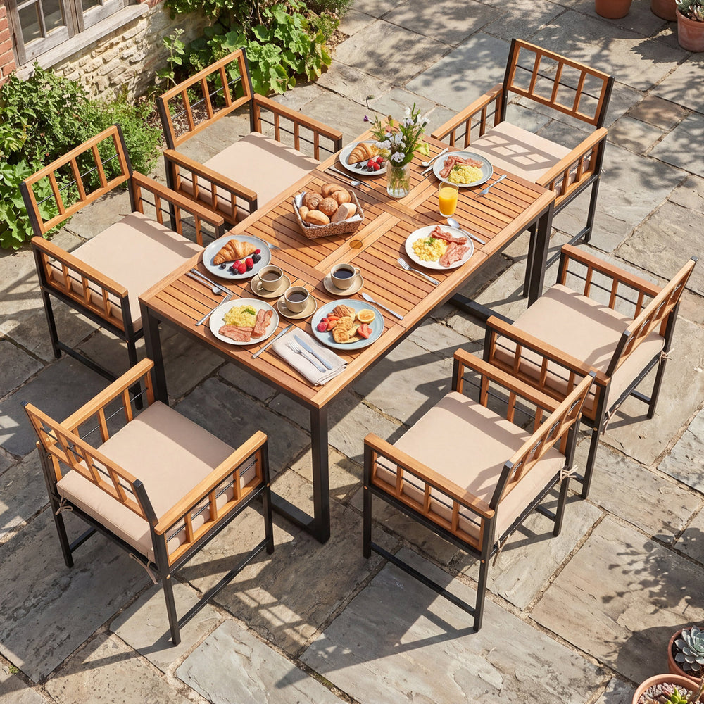 7-piece outdoor dining set featuring an acacia wood table and black metal chairs with cushions, perfect for patio gatherings.
