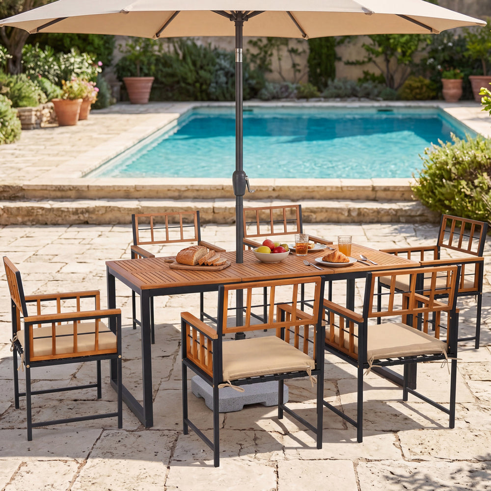 7-piece outdoor dining set featuring an acacia wood table and comfortable chairs, perfect for patio or garden use.