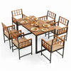 7-piece outdoor dining set featuring an acacia wood table and black metal chairs with comfortable cushions for patio use.