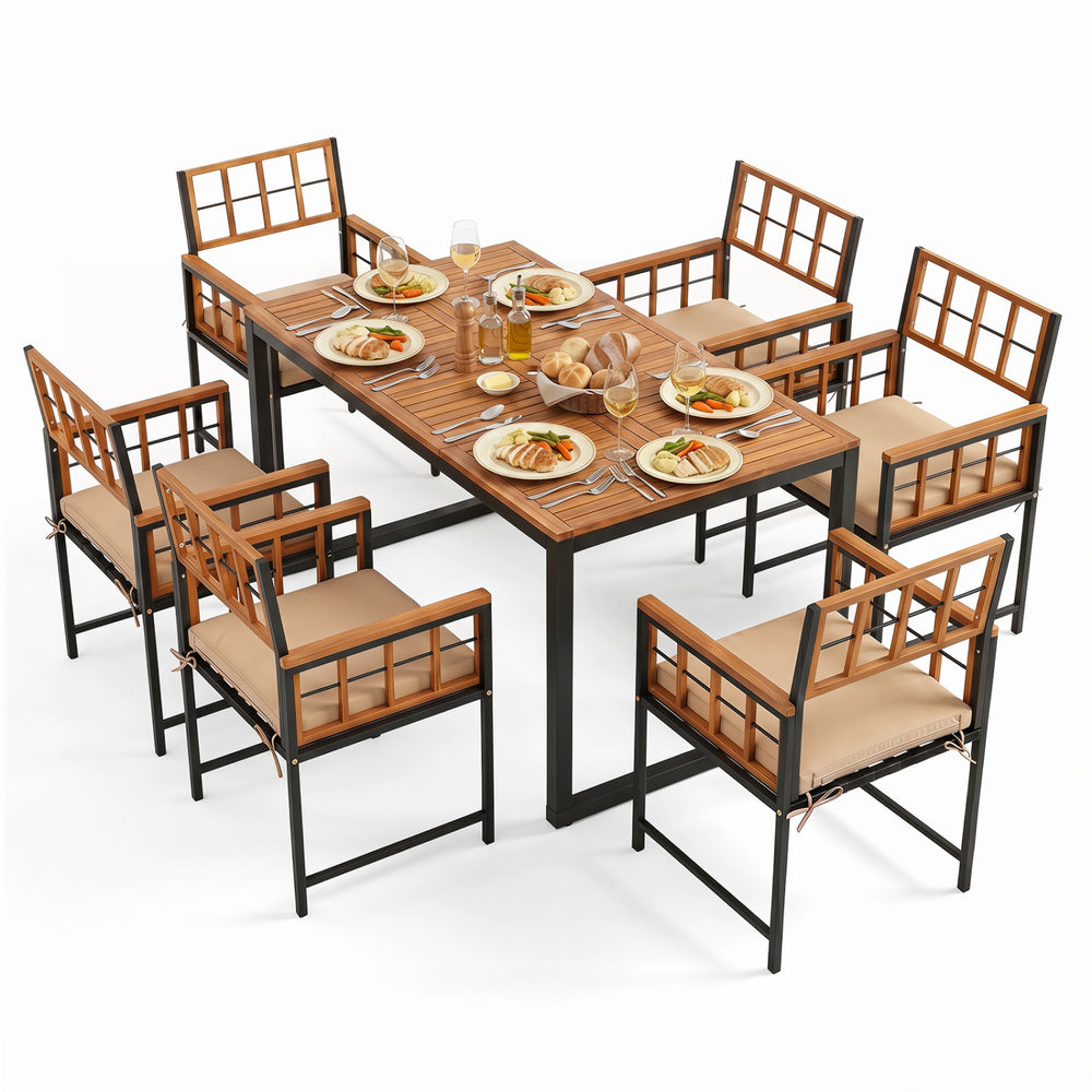 7-piece outdoor dining set featuring an acacia wood table and black metal chairs with comfortable cushions for patio use.