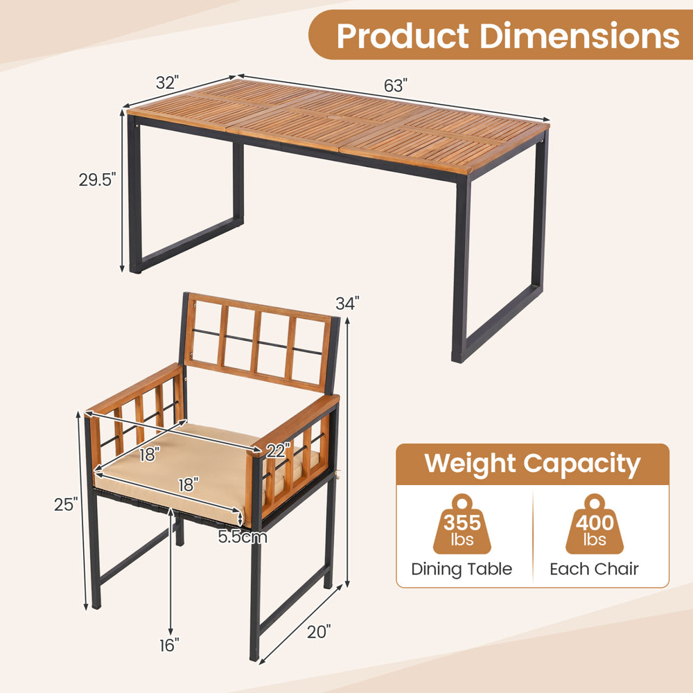 7-piece outdoor dining set featuring a solid acacia wood table and chairs with an umbrella hole, perfect for patio use.