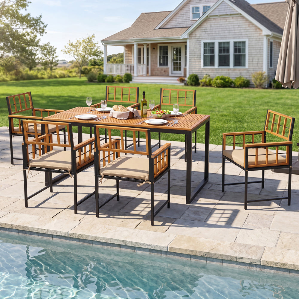 7-piece outdoor dining set featuring an acacia wood table and chairs with cushions, perfect for patio or garden use.