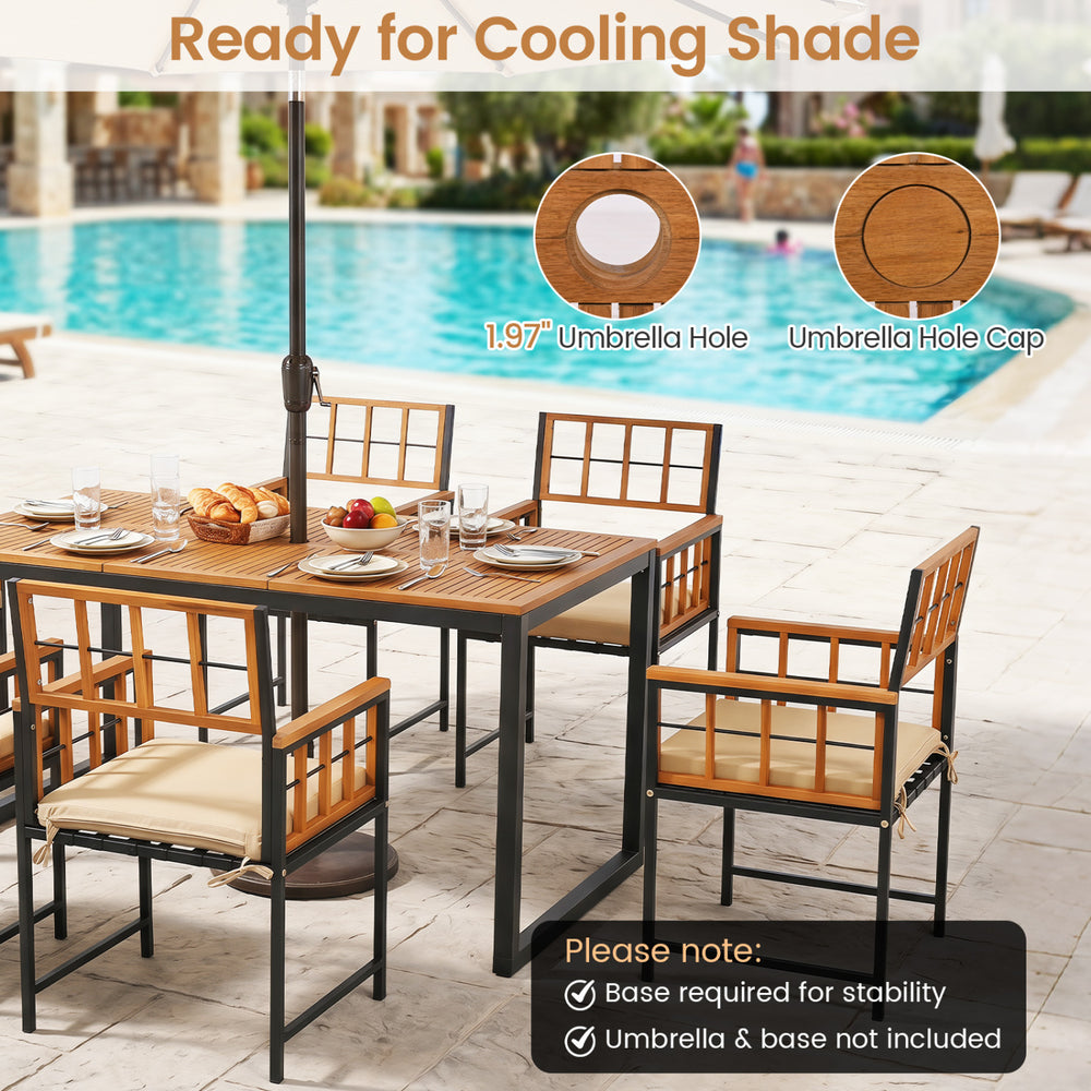 7-piece outdoor dining set featuring a solid acacia wood table with an umbrella hole, perfect for patio gatherings.
