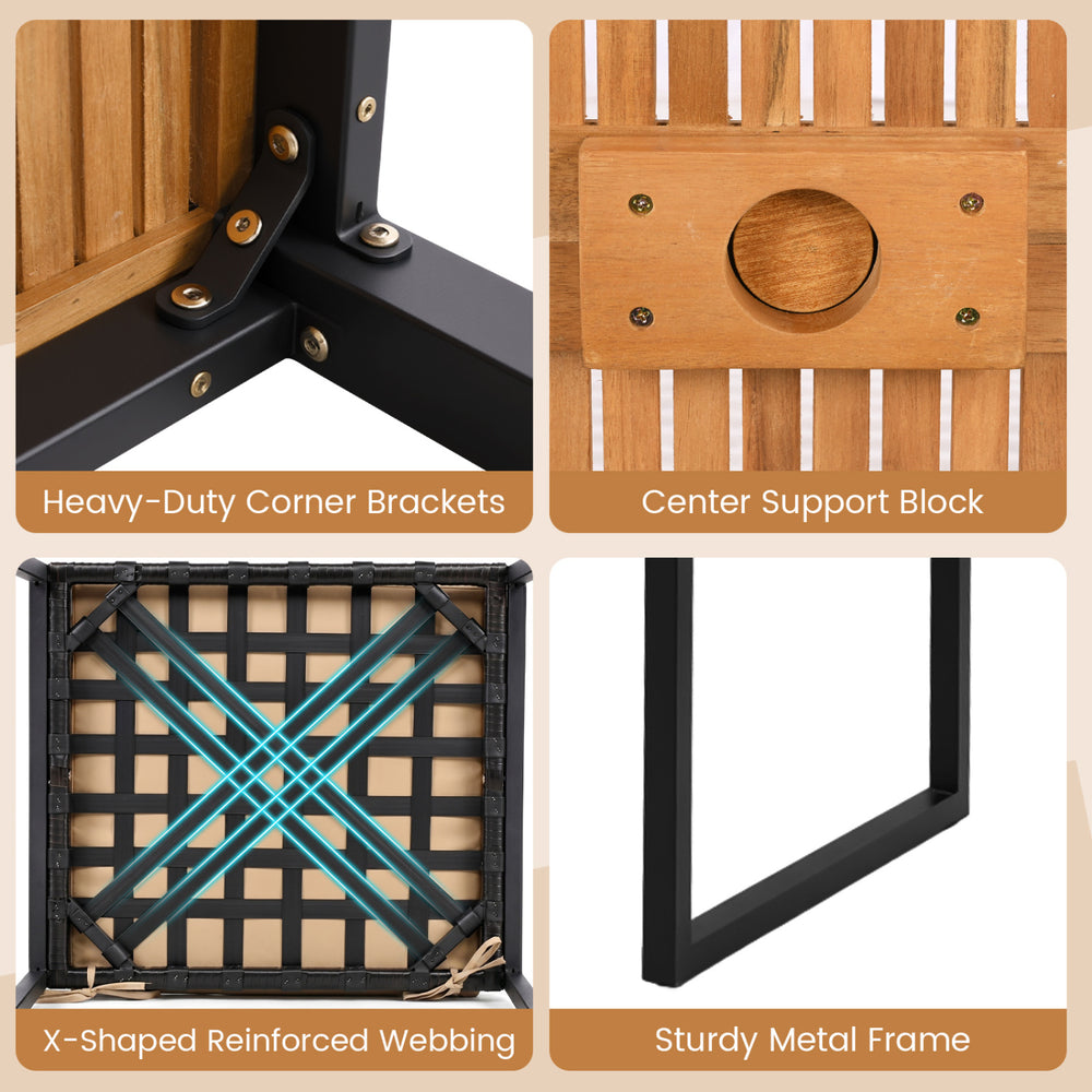 Heavy-duty corner brackets and sturdy metal frame enhance the durability of this 7-piece outdoor dining set with acacia wood.