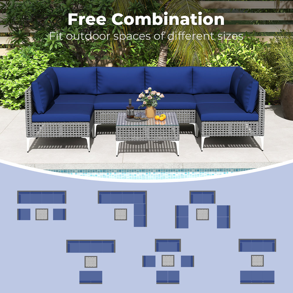 7-piece outdoor furniture set with navy cushions and tempered glass coffee table, perfect for backyard and poolside use.