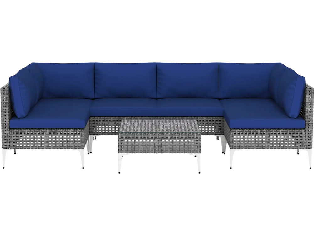 L-shaped 7 piece outdoor furniture set in navy with PE rattan, cushions, and tempered glass coffee table for patio use.