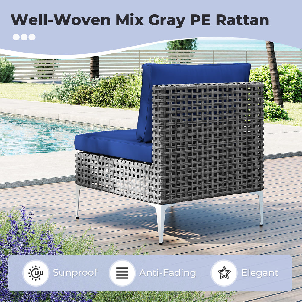 Single chair from the 7 Piece Outdoor Furniture Set in well-woven mix gray PE rattan with navy cushions for backyard.
