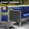 Navy cushion detail on a 7-piece outdoor furniture set with PE rattan, ideal for backyard relaxation.