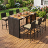 7-piece outdoor PE wicker bar set featuring a brown bar height table and 6 cushioned stools for backyard gatherings.