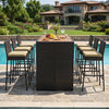 7-piece outdoor PE wicker bar set featuring a brown bar height table and 6 cushioned stools, perfect for poolside gatherings.