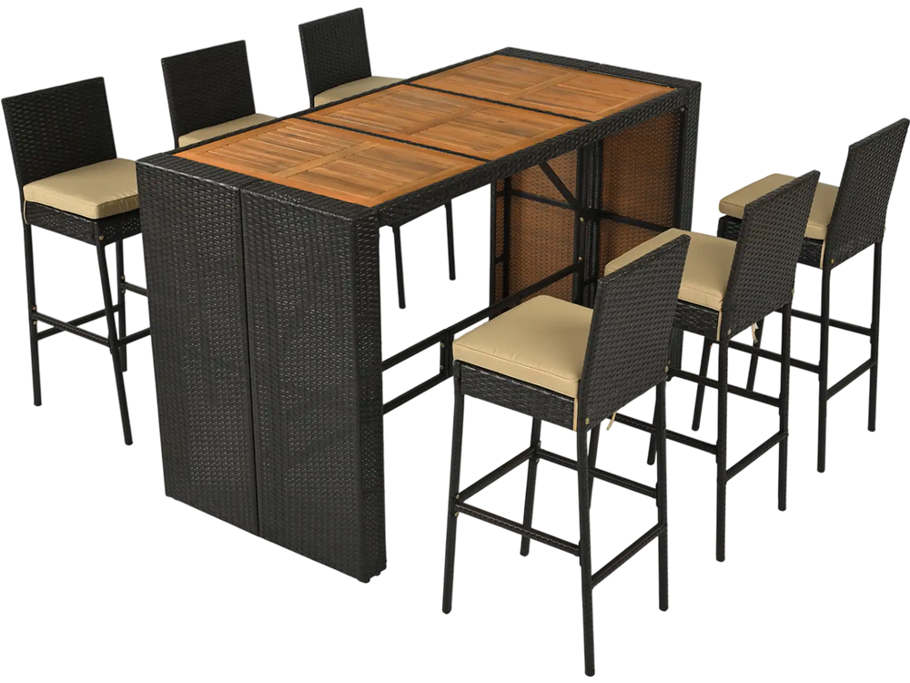 7-piece outdoor PE wicker bar set featuring a brown acacia wood tabletop and 6 cushioned stools for versatile backyard use.
