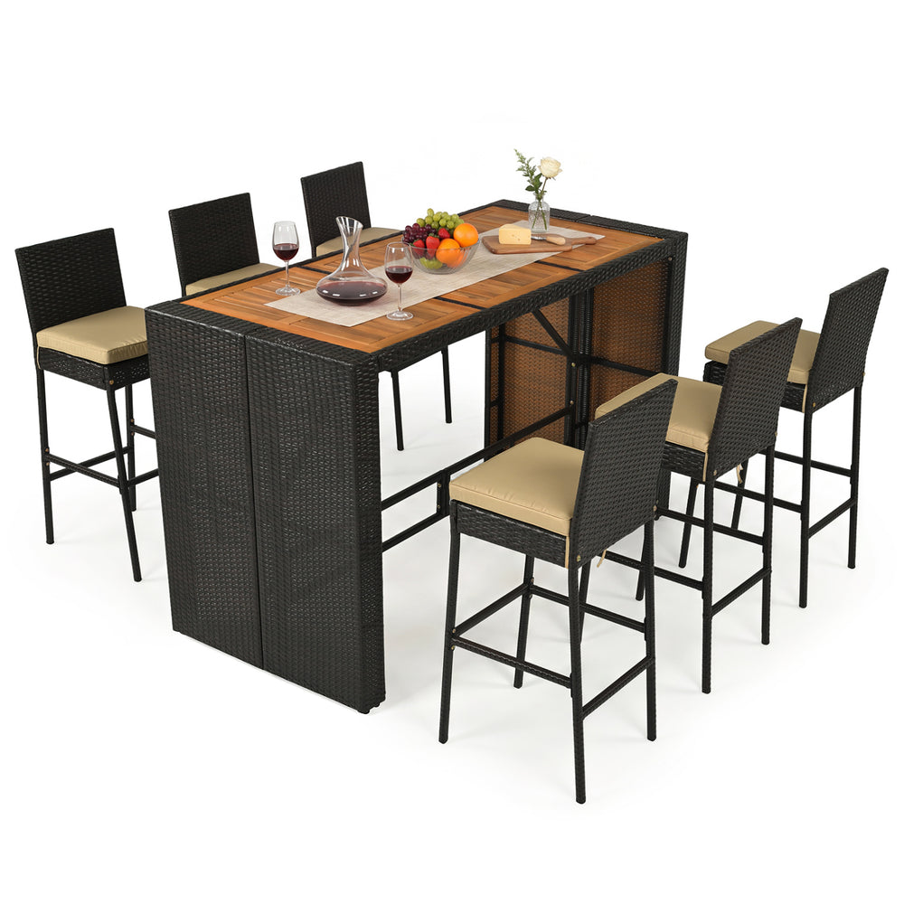 7-piece outdoor PE wicker bar set featuring a brown acacia wood table and 6 cushioned stools, perfect for yard gatherings.