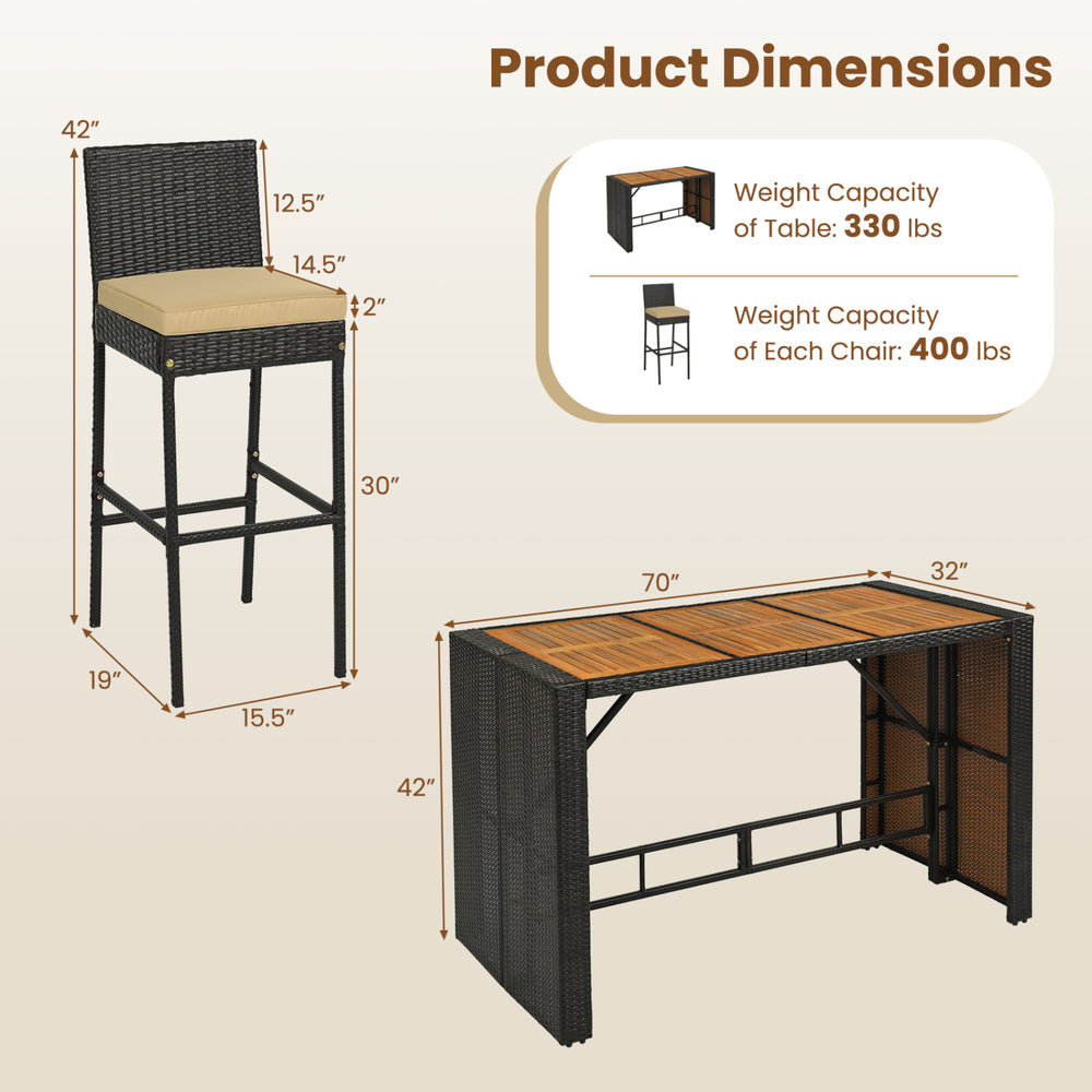 Bar height table and 6 cushioned stools in brown PE wicker, perfect for outdoor gatherings in the yard or patio.