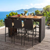 Outdoor 7-piece PE wicker bar set featuring a brown acacia wood table and 6 cushioned stools, perfect for gatherings.