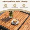 Spacious acacia wood tabletop with a cozy 7-piece outdoor PE wicker bar set, perfect for gatherings in the backyard.
