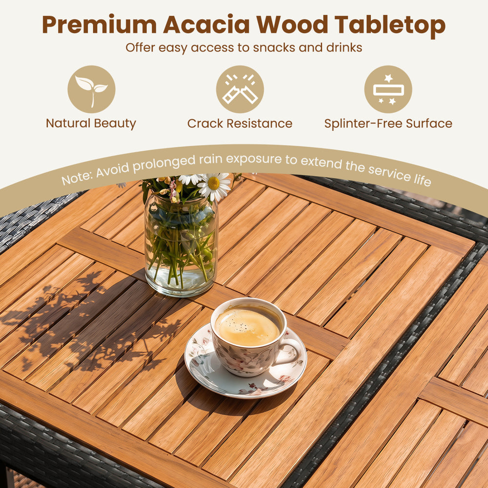 Spacious acacia wood tabletop with a cozy 7-piece outdoor PE wicker bar set, perfect for gatherings in the backyard.