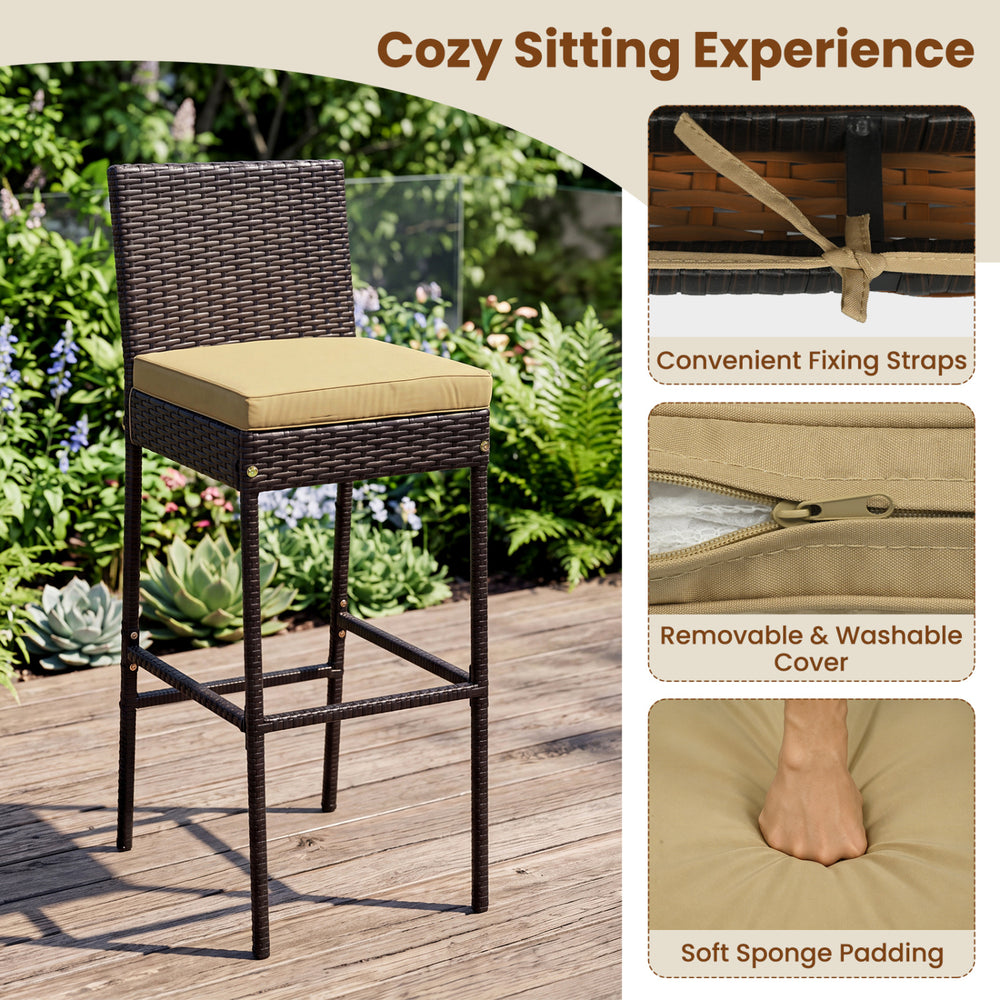 Bar height stool with soft sponge padding and convenient fixing straps, perfect for outdoor gatherings by the poolside.