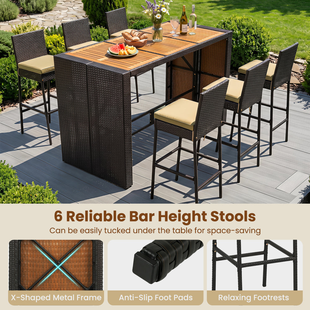 7-piece outdoor PE wicker bar set featuring a spacious acacia wood tabletop and 6 cushioned stools for comfortable gatherings.