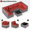 7-piece PE rattan patio set with red cushions and glass table, perfect for outdoor relaxation and versatile layouts.