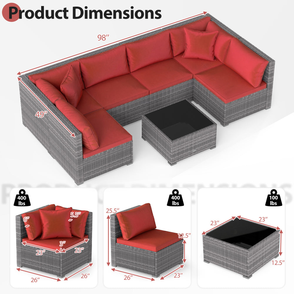 7-piece PE rattan patio set with red cushions and glass table, perfect for outdoor relaxation and versatile layouts.