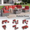 Modular 7-piece PE rattan patio set with red cushions and glass table, perfect for outdoor relaxation and versatile layouts.