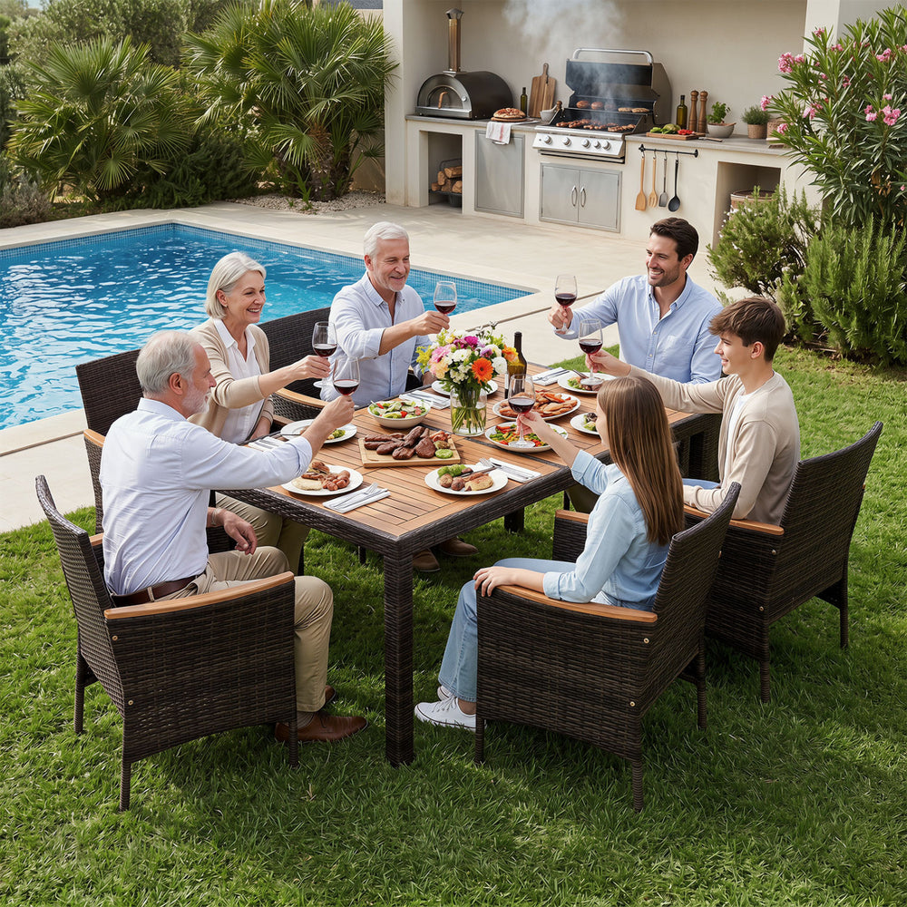 7-piece patio dining set featuring a wood tabletop and padded cushions, perfect for family gatherings by the pool.