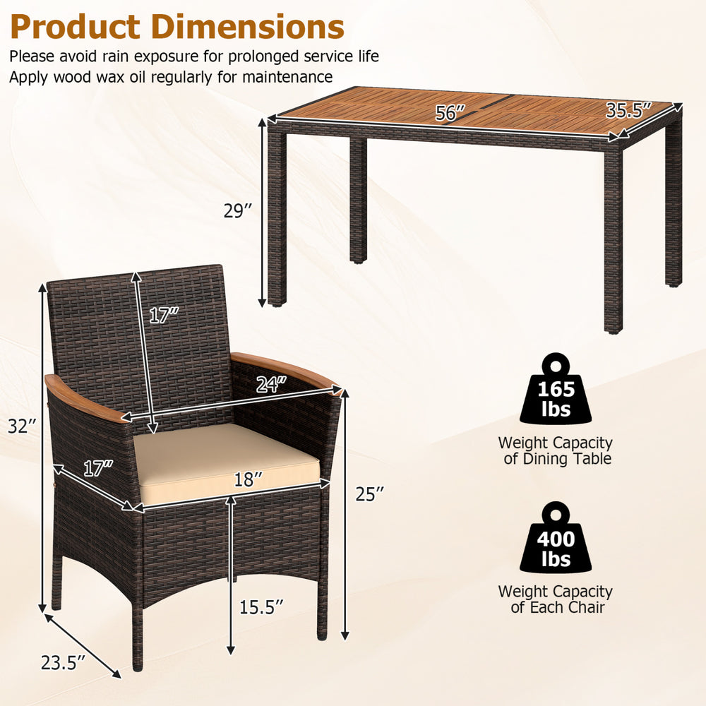 7-piece patio dining set featuring a brown hand-woven PE wicker chair with padded cushion and acacia wood tabletop.
