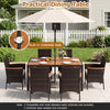 7-piece patio dining set featuring a spacious acacia wood tabletop and padded cushions, ideal for backyard gatherings.