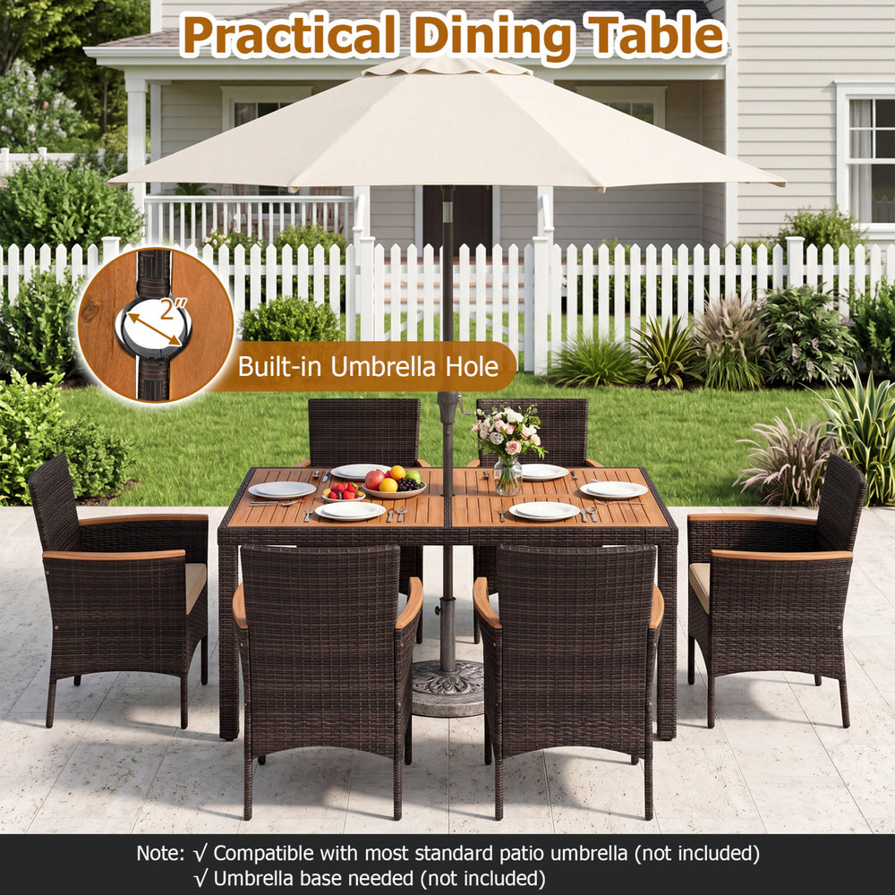 7-piece patio dining set featuring a spacious acacia wood tabletop and padded cushions, ideal for backyard gatherings.