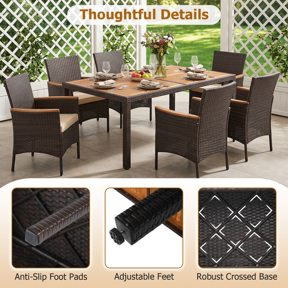 7-piece patio dining set featuring a spacious acacia wood tabletop and padded chairs, perfect for backyard gatherings.