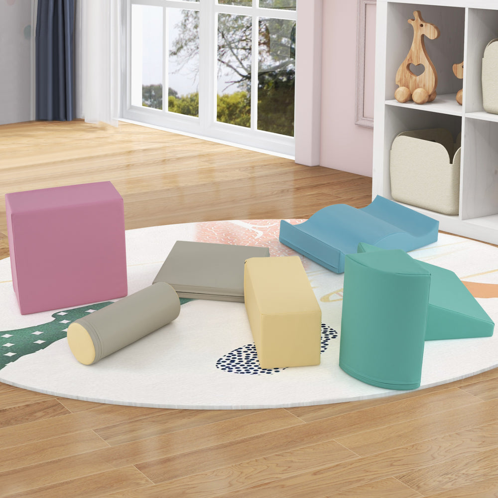 Colorful 7-piece soft play equipment set with diverse climbing blocks for indoor play and creativity development.