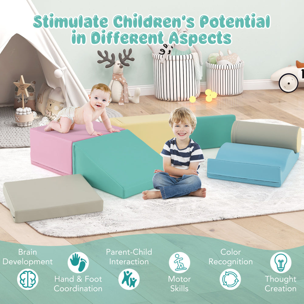 7-piece soft play equipment in vibrant colors, featuring foam climbing blocks for indoor play and child development.