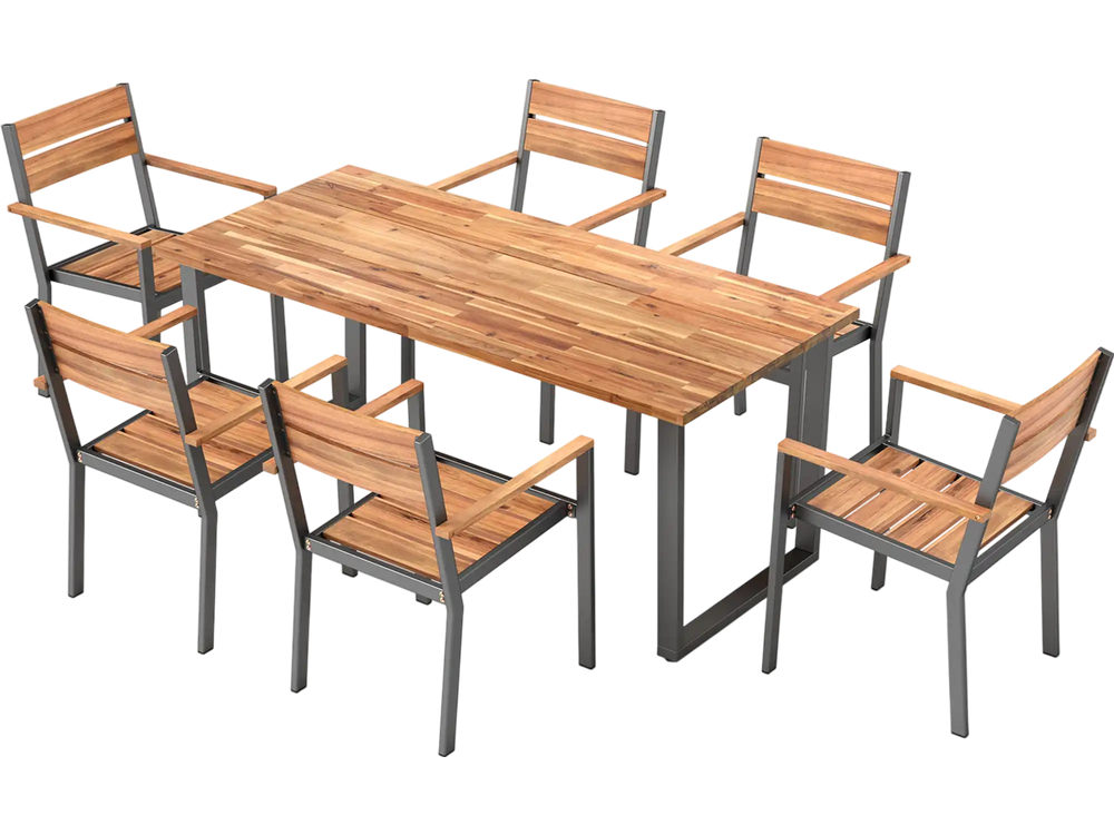 7 Pieces Acacia Wood Patio Dining Set with Metal Frame and 2 Inches Umbrella Hole