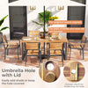 7-piece acacia wood patio dining set with metal frame, featuring a 2-inch umbrella hole, ideal for outdoor gatherings.