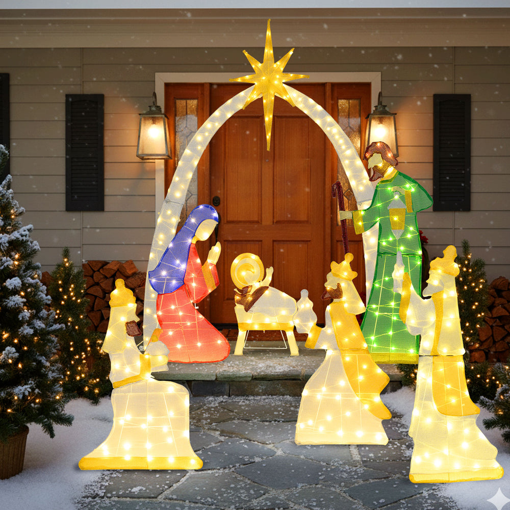 Lighted nativity scene featuring 7 pieces with 310 warm white LED lights, perfect for outdoor holiday displays.
