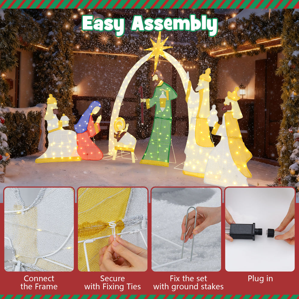 Lighted nativity scene assembly instructions showcasing 7 pieces with 310 warm white LED lights for festive outdoor.