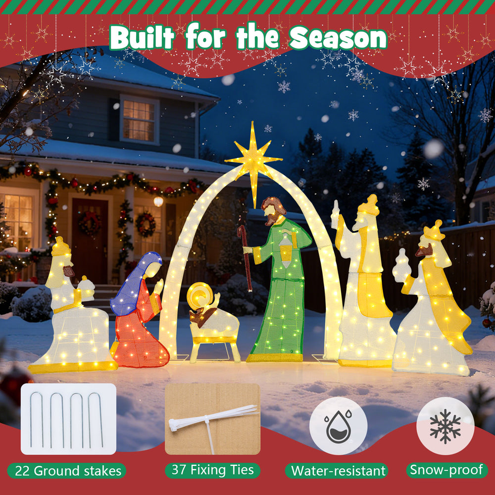 Lighted nativity scene with 310 warm white LED lights, featuring 7 customizable parts for festive outdoor display.