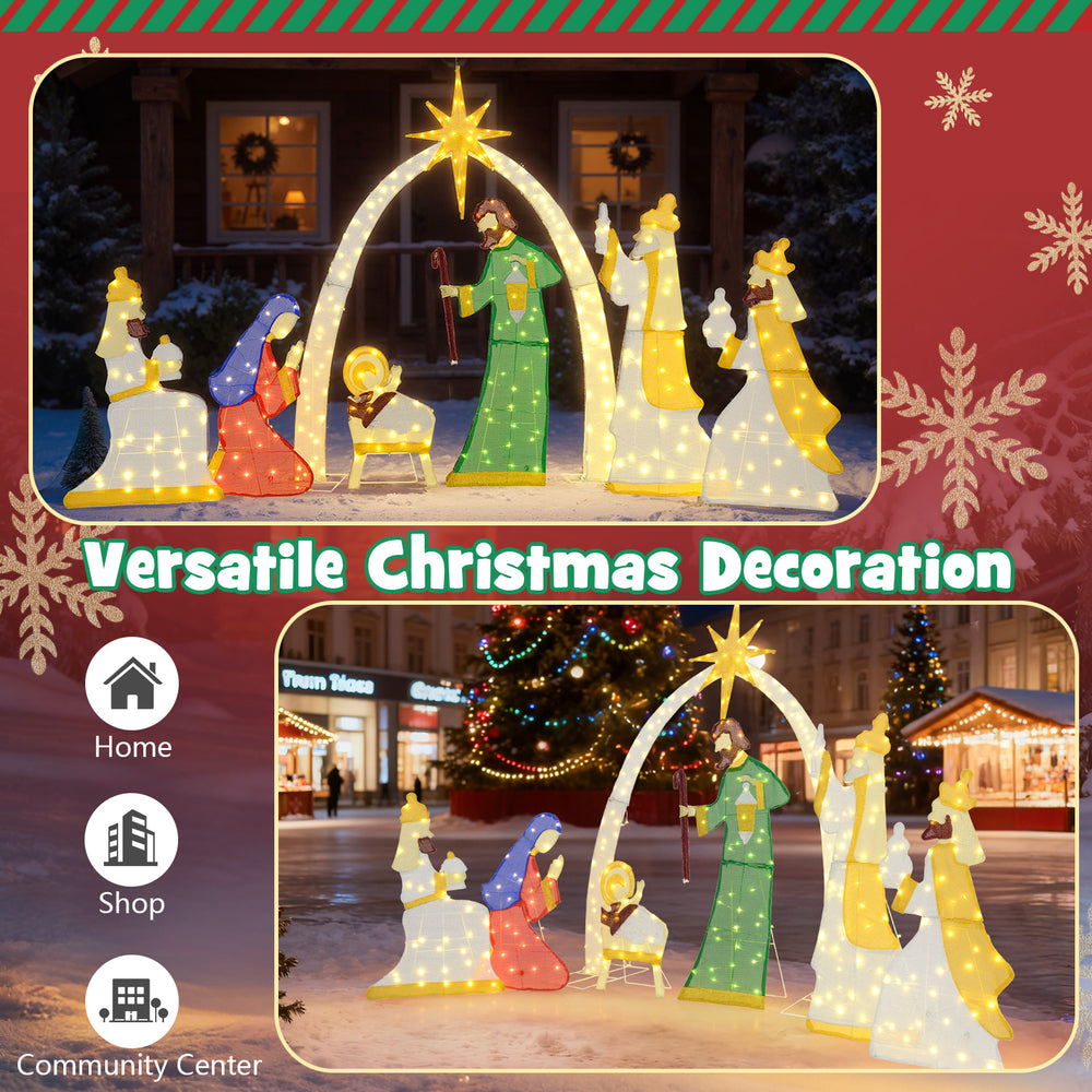 Lighted nativity scene with 7 pieces and 310 warm white LED lights, perfect for festive outdoor decoration.