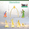 Lighted nativity scene with 7 pieces, featuring 310 warm white LEDs, perfect for outdoor Christmas displays.