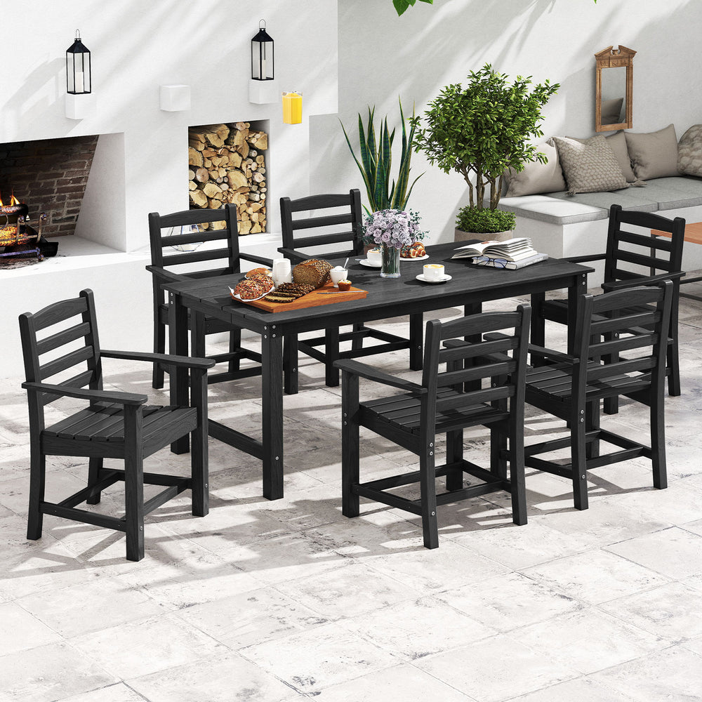 7-piece black outdoor dining set featuring a 67-inch HDPE table and 6 ergonomic armchairs for patio gatherings.