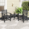 Two black armchairs and a small table from a 7-piece outdoor dining set, perfect for intimate gatherings on the patio.