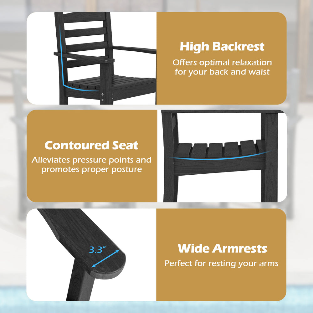 High backrest and contoured seat of a black HDPE armchair, designed for optimal comfort and support in outdoor dining.