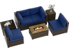 7-piece outdoor furniture set featuring a navy blue sectional and 32-inch fire pit table for patio relaxation.