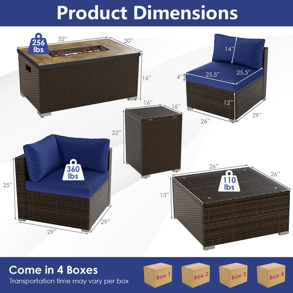 Product dimensions of a 7-piece outdoor furniture set with a fire pit table and navy cushions for patio use.