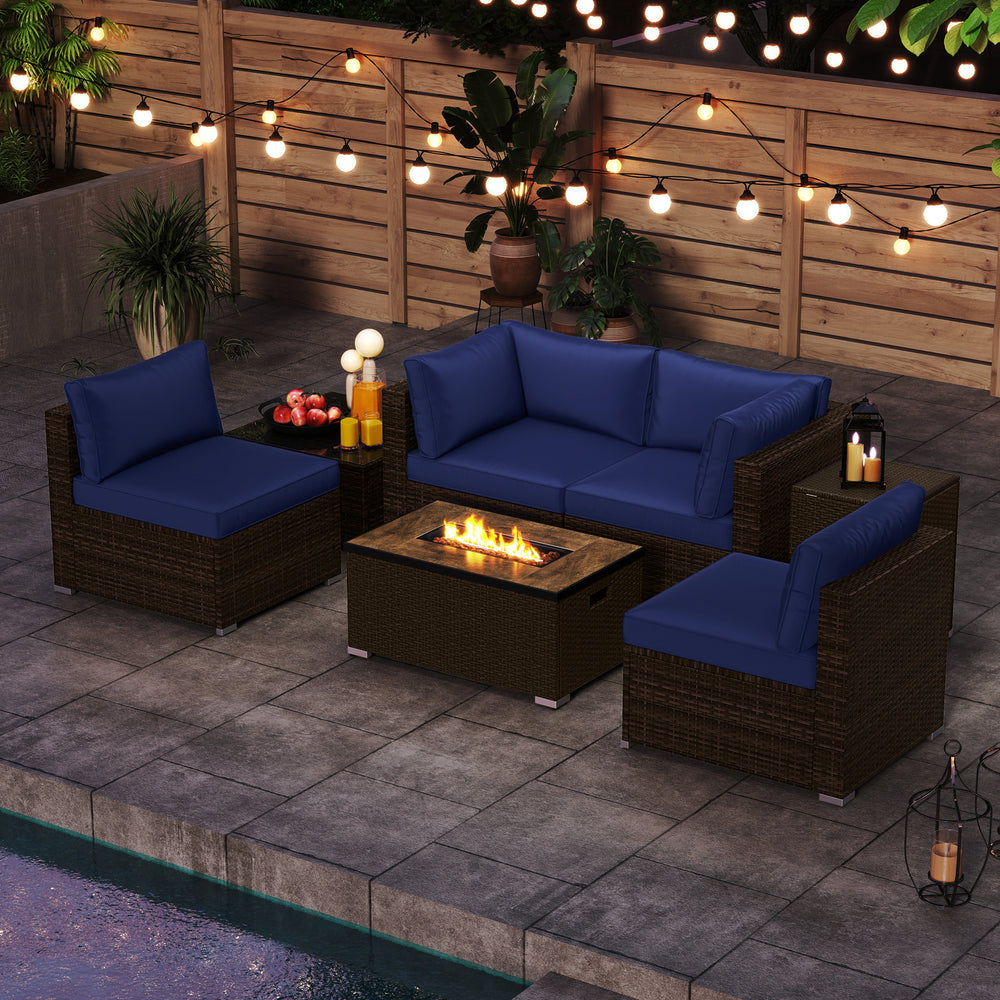 7-piece outdoor furniture set featuring navy cushions and a 32-inch fire pit table, ideal for patio relaxation.