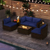 7-piece outdoor furniture set featuring navy cushions and a 32-inch fire pit table, ideal for patio relaxation.