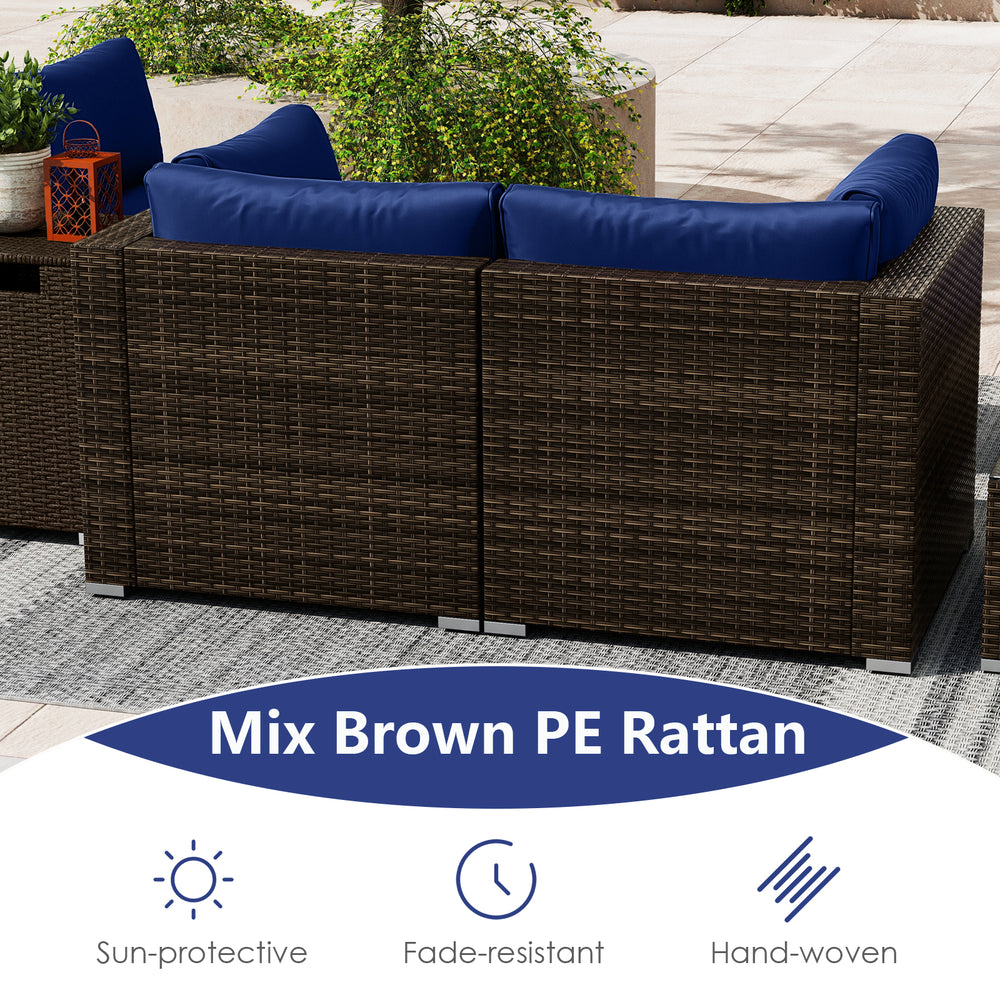 Back view of the 7-piece outdoor furniture set in mix brown PE rattan with navy cushions, ideal for patio relaxation.