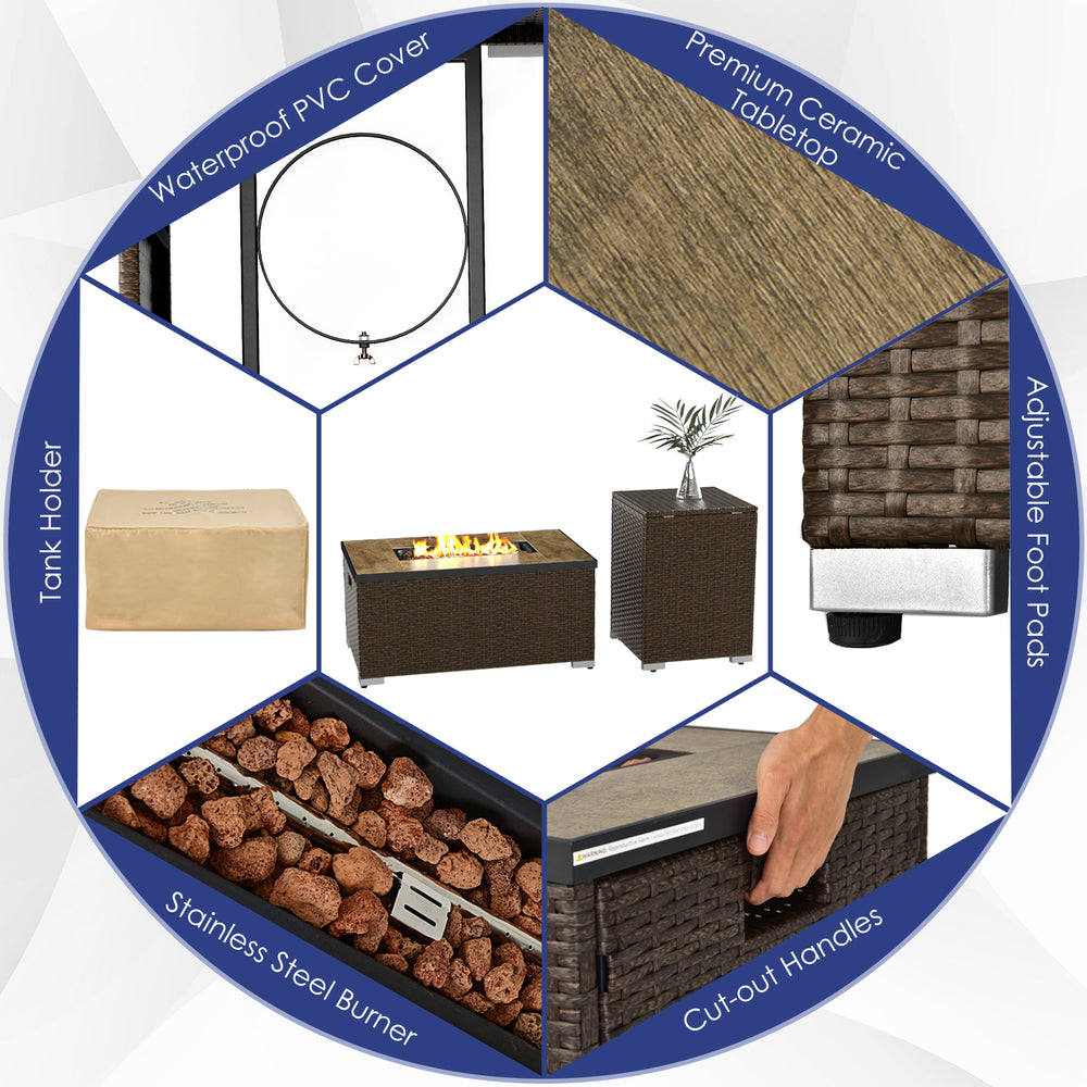 Detail of the 7-piece outdoor furniture set featuring a 32-inch fire pit table with a waterproof PVC cover and tank.